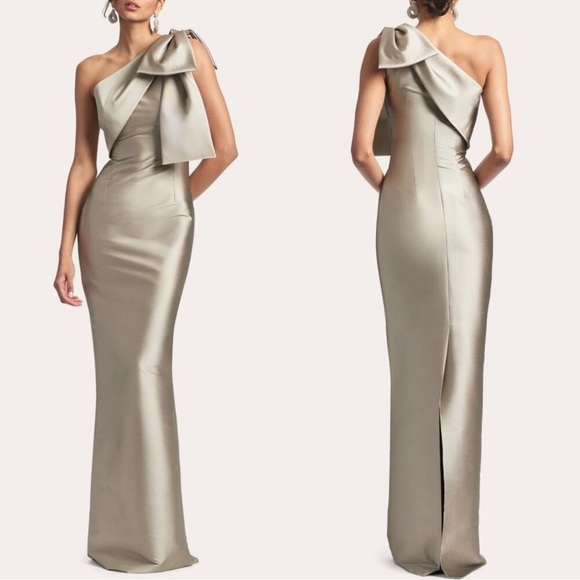 Sachin and Babi BONNIE one shoulder bow Pewter Gown sz 10 - Picture 1 of 6